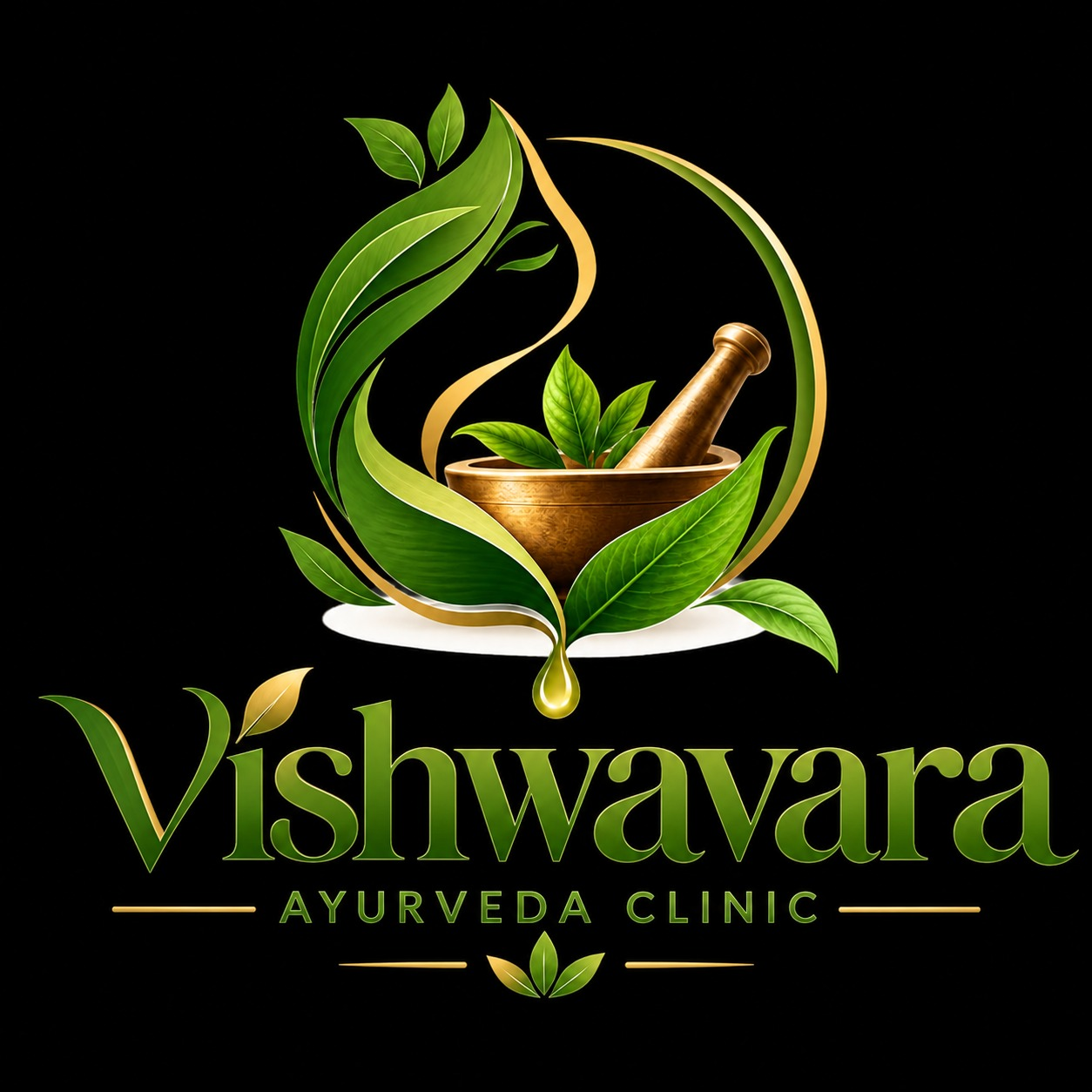 Vishwavara Ayurveda Clinic — green leaves and a golden mortar and pestle